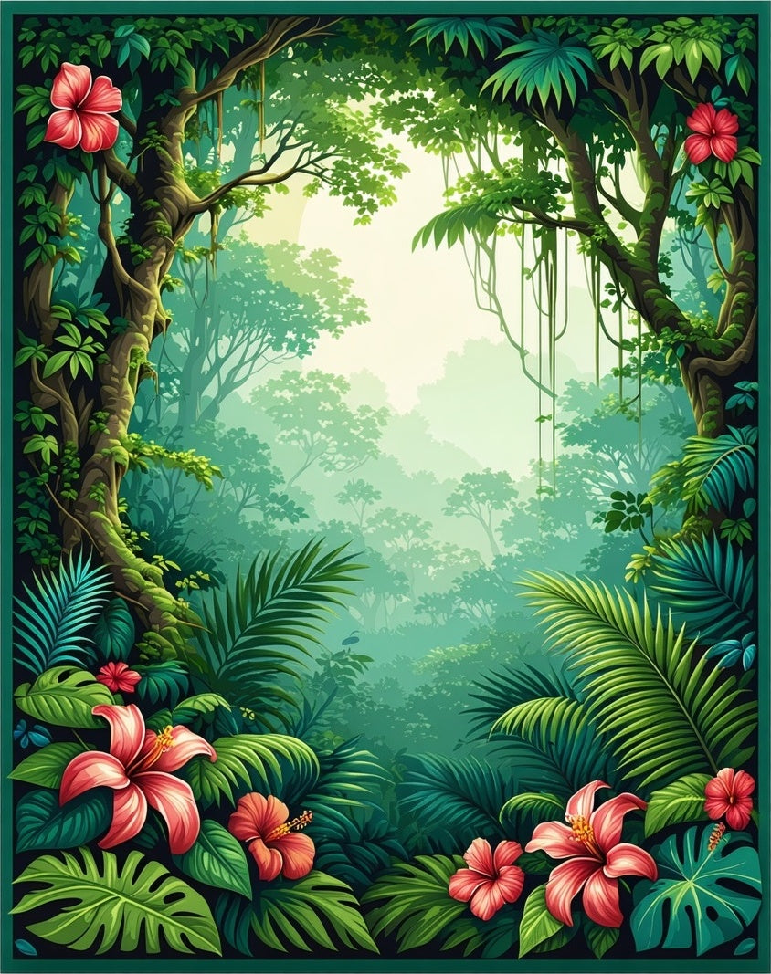 Lush Tropical Hibiscus Forest Scene Rug