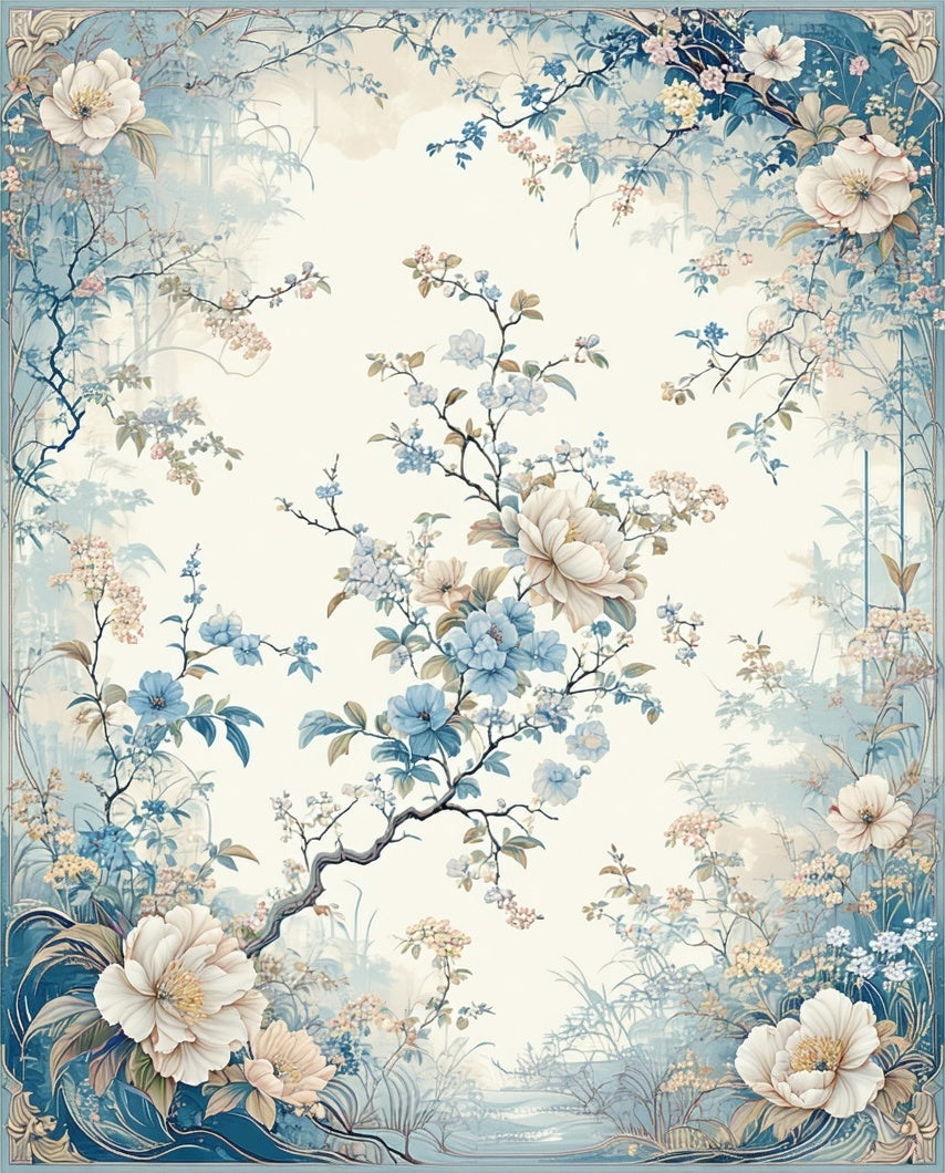 Soft Blue Floral Garden Pattern Rug