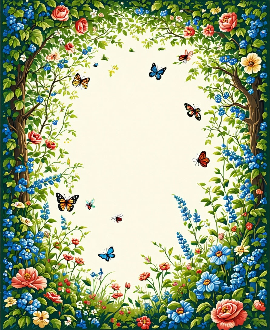 Floral Garden With Butterflies Whimsical Design Rug