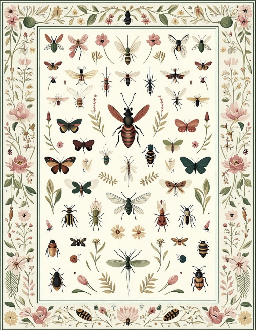 Whimsical Insect Floral Border Design Rug
