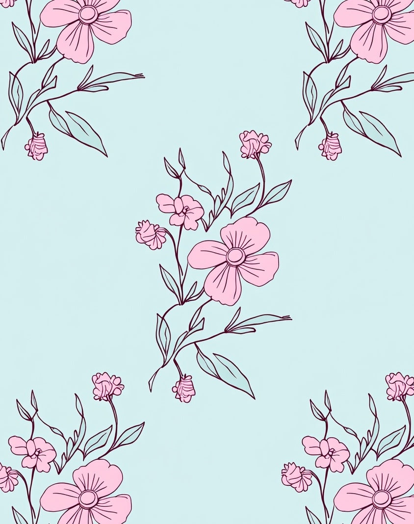 Pastel Pink Floral Outline Design Rug