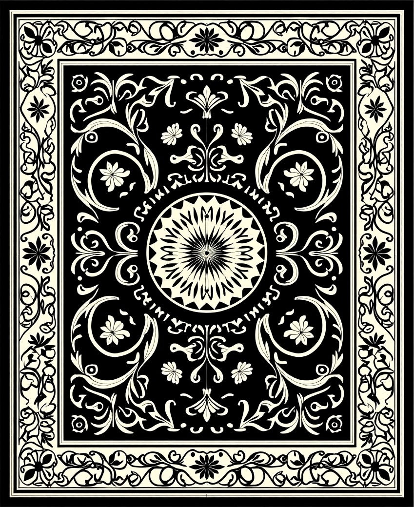 Intricate Floral Scrollwork Black and Cream Rug