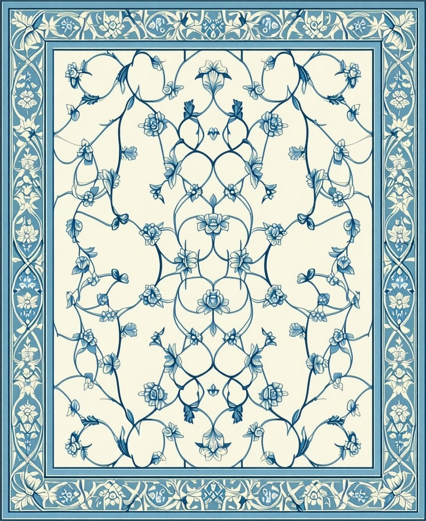 Blue Floral Vine Intricate Design Rug