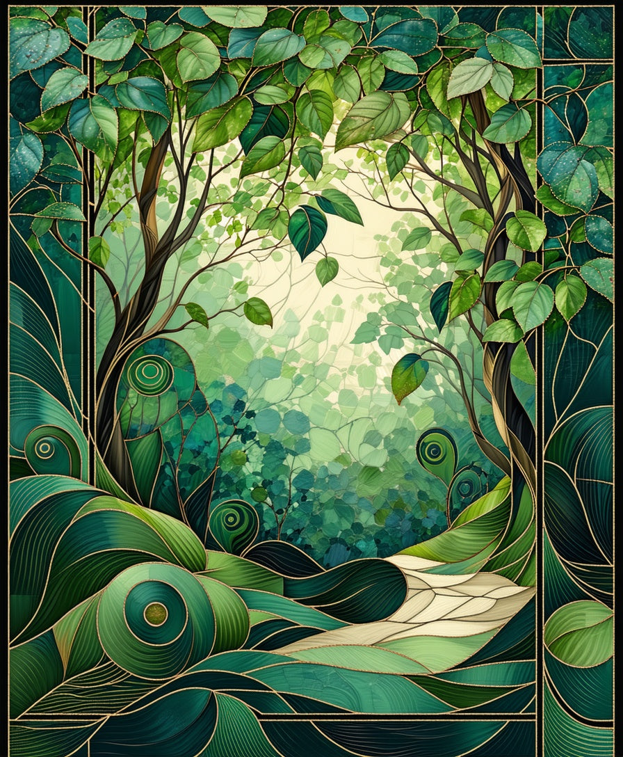 Art Nouveau Emerald Forest Pattern Rug
