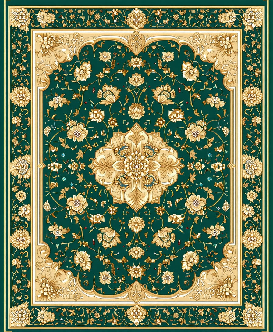 Green and Gold Floral Medallion Rug