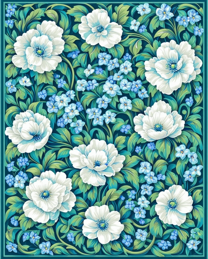 White Floral Pattern with Blue Accents Rug