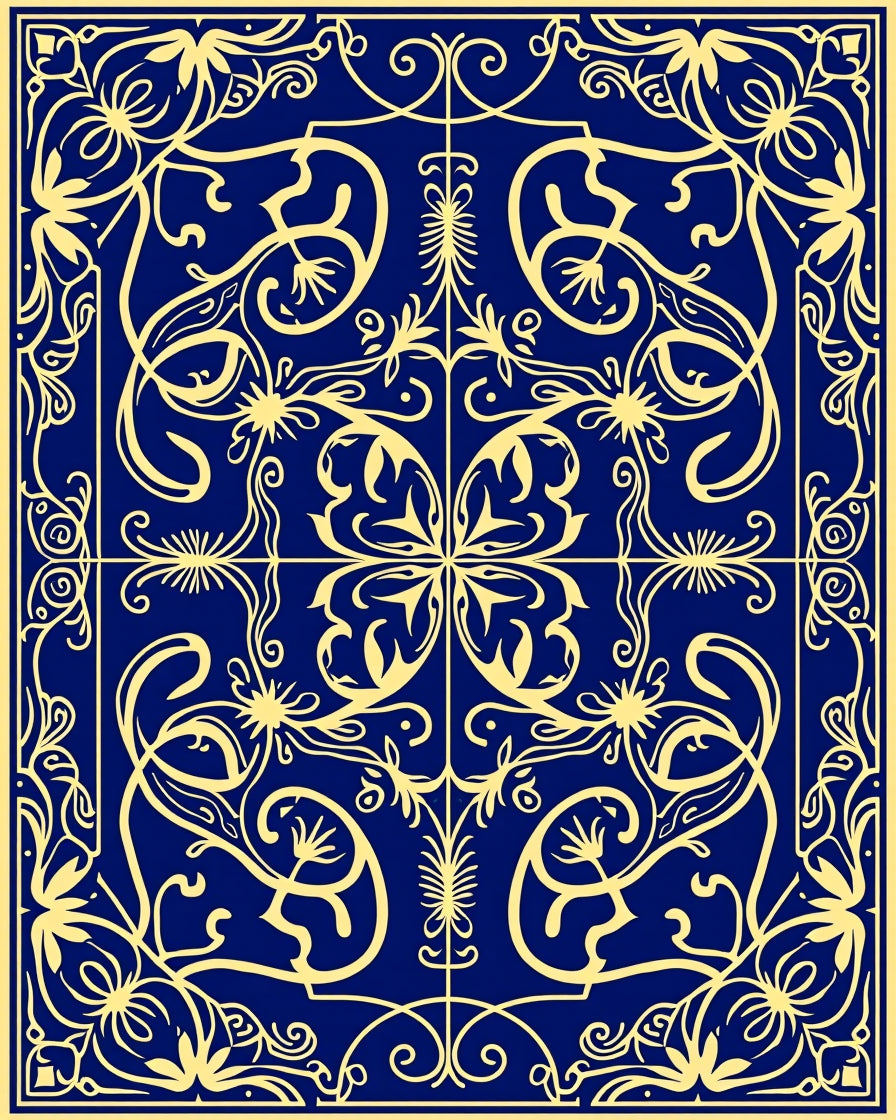 Royal Blue Golden Floral Symmetry Rug