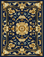Ornate Floral Medallion Navy Rug