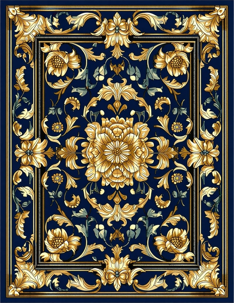 Ornate Floral Medallion Navy Rug