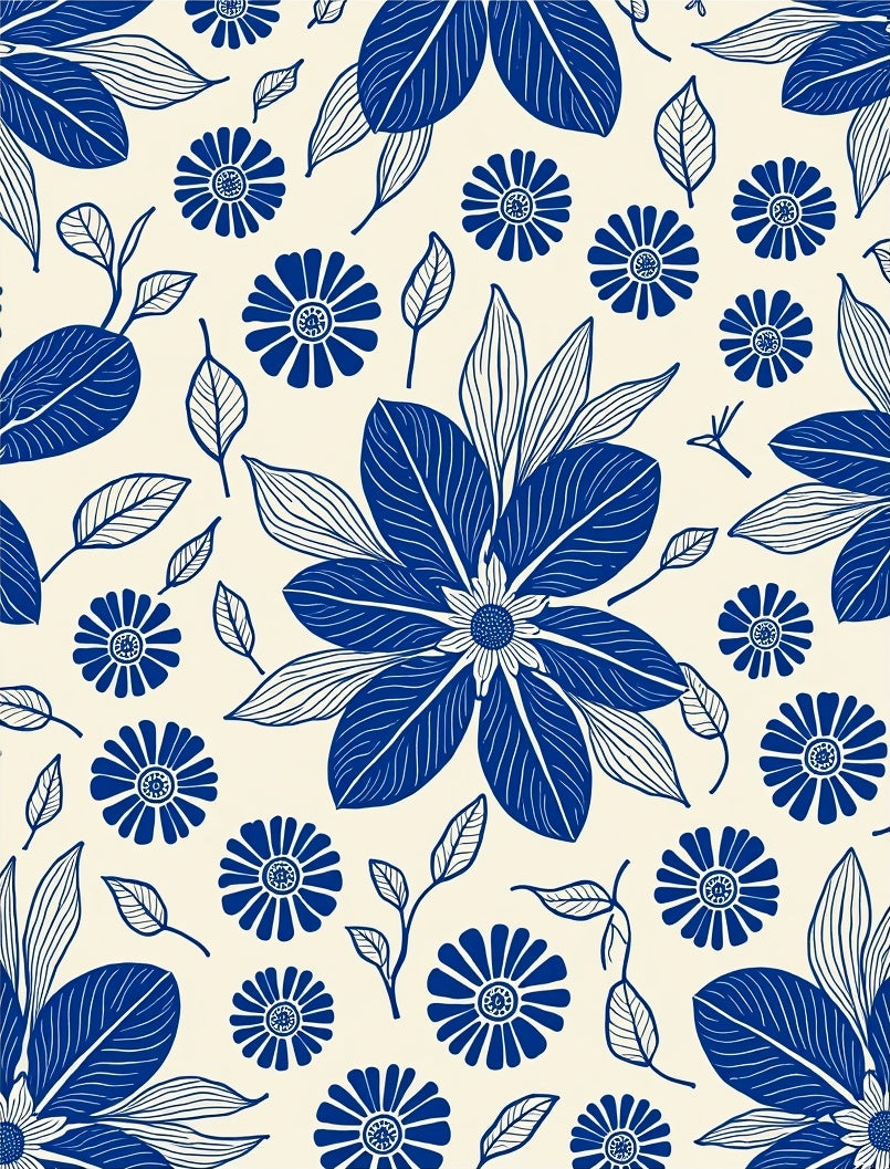 Blue Floral Outline Cream Pattern Rug