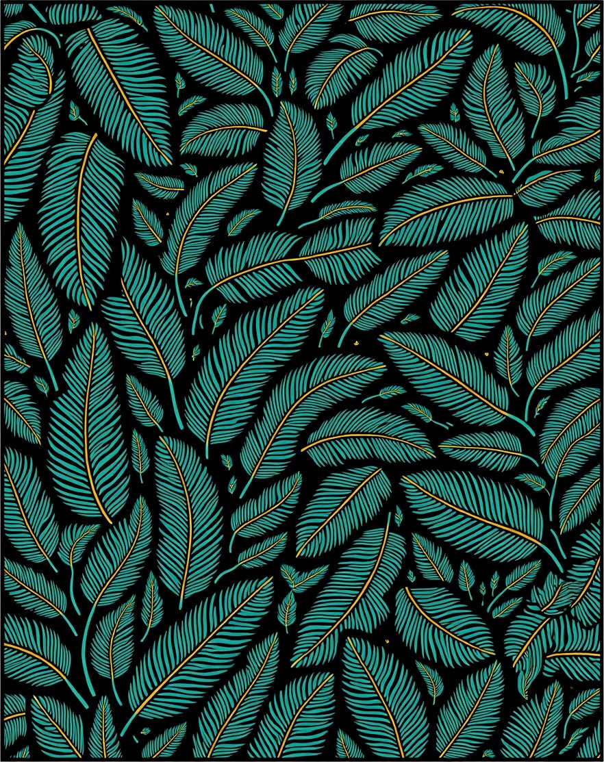 Teal And Gold Leaf Pattern Design Rug