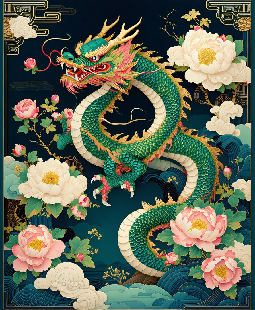 Majestic Green Dragon Peony Flowers Rug