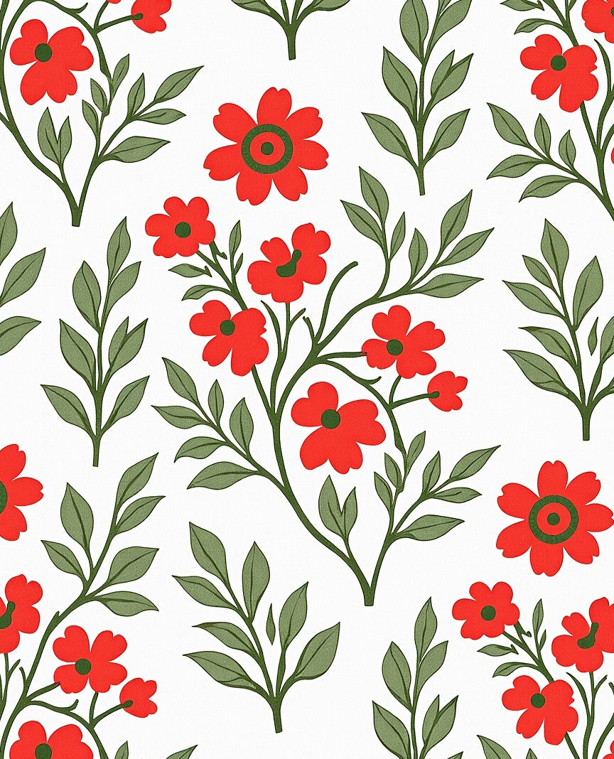 Red Floral Branches Green Leaves Rug