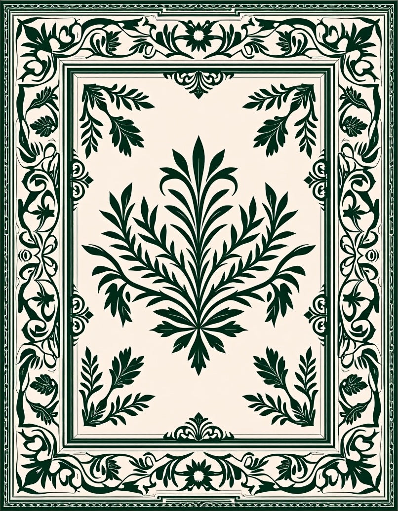 Elegant Dark Green Floral Scroll Pattern Rug