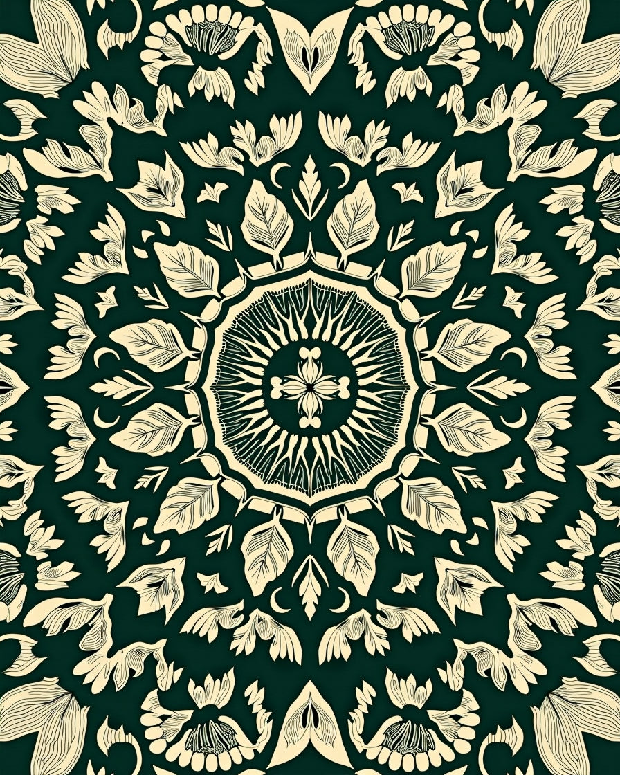 Ivory Botanical Mandala On Deep Green Rug