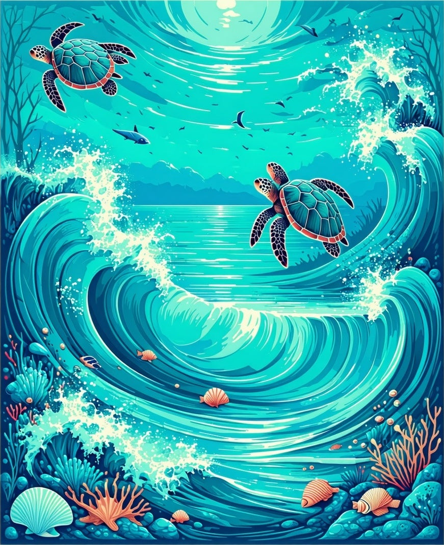 Ocean Turtle Wave Splash Design Rug