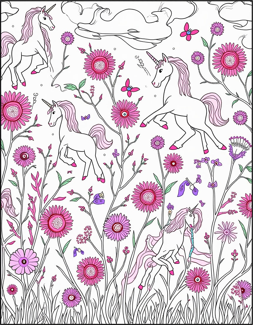 Whimsical Unicorns Floral Garden Design Rug