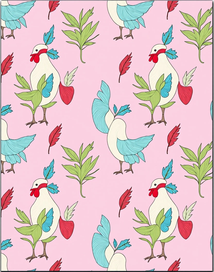 Pink Whimsical Rooster Floral Garden Rug