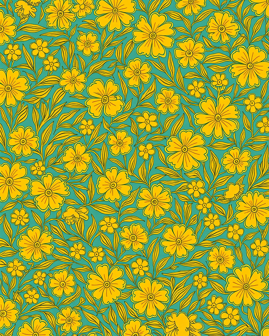 Yellow Floral Vines Teal Design Rug