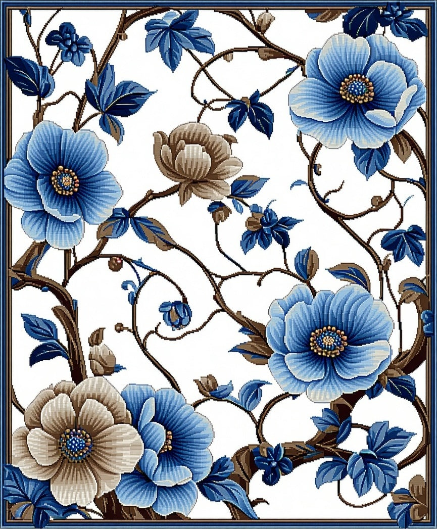 Elegant Blue Floral Vine Pattern Rug