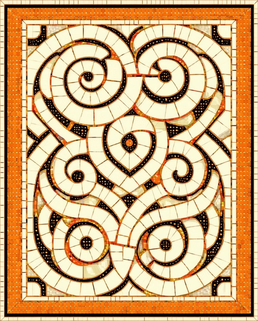 Ornate Swirl Graphic With Orange Border Rug