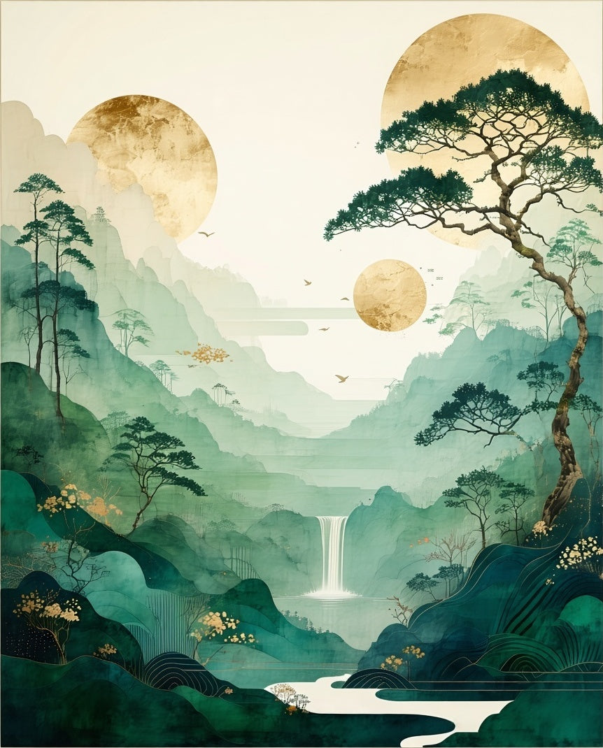 Misty Mountain Waterfall Landscape Design Rug