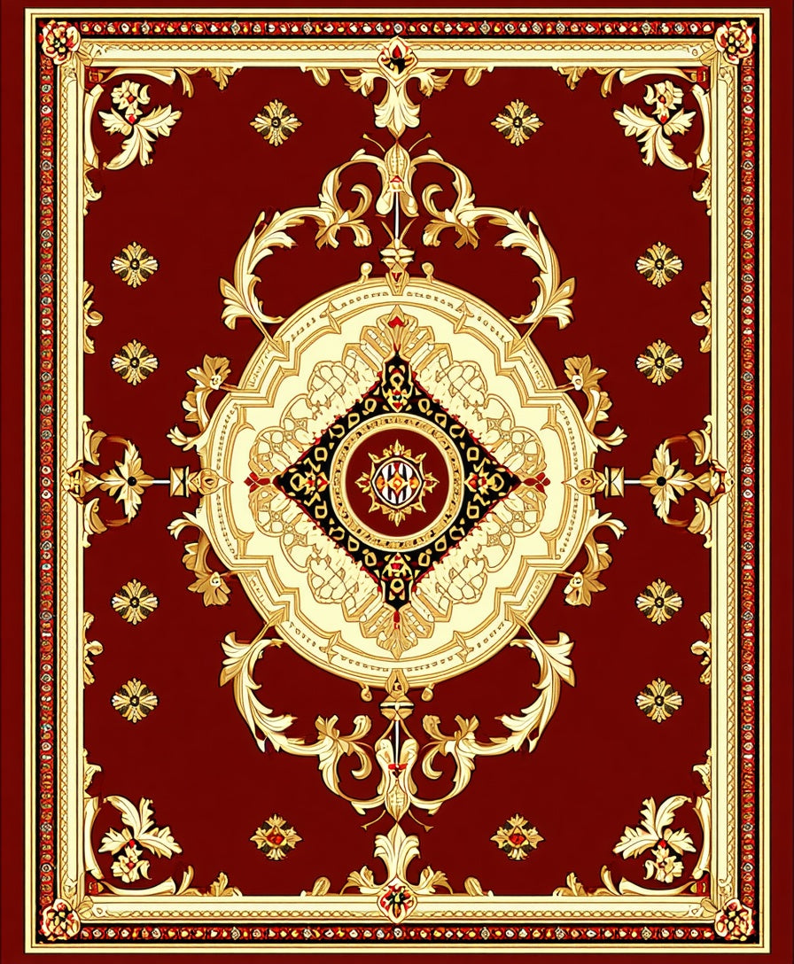 Elegant Red Gold Medallion Pattern Rug