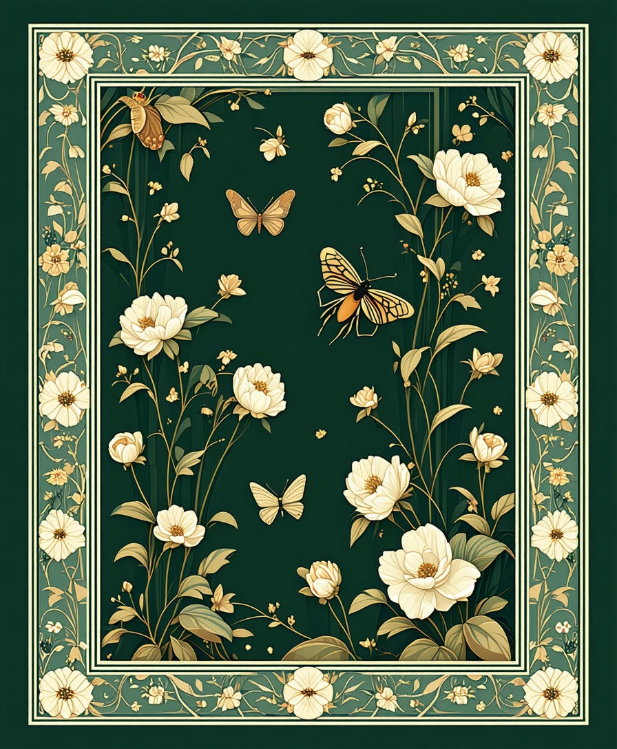 Elegant Emerald Floral Butterfly Design Rug