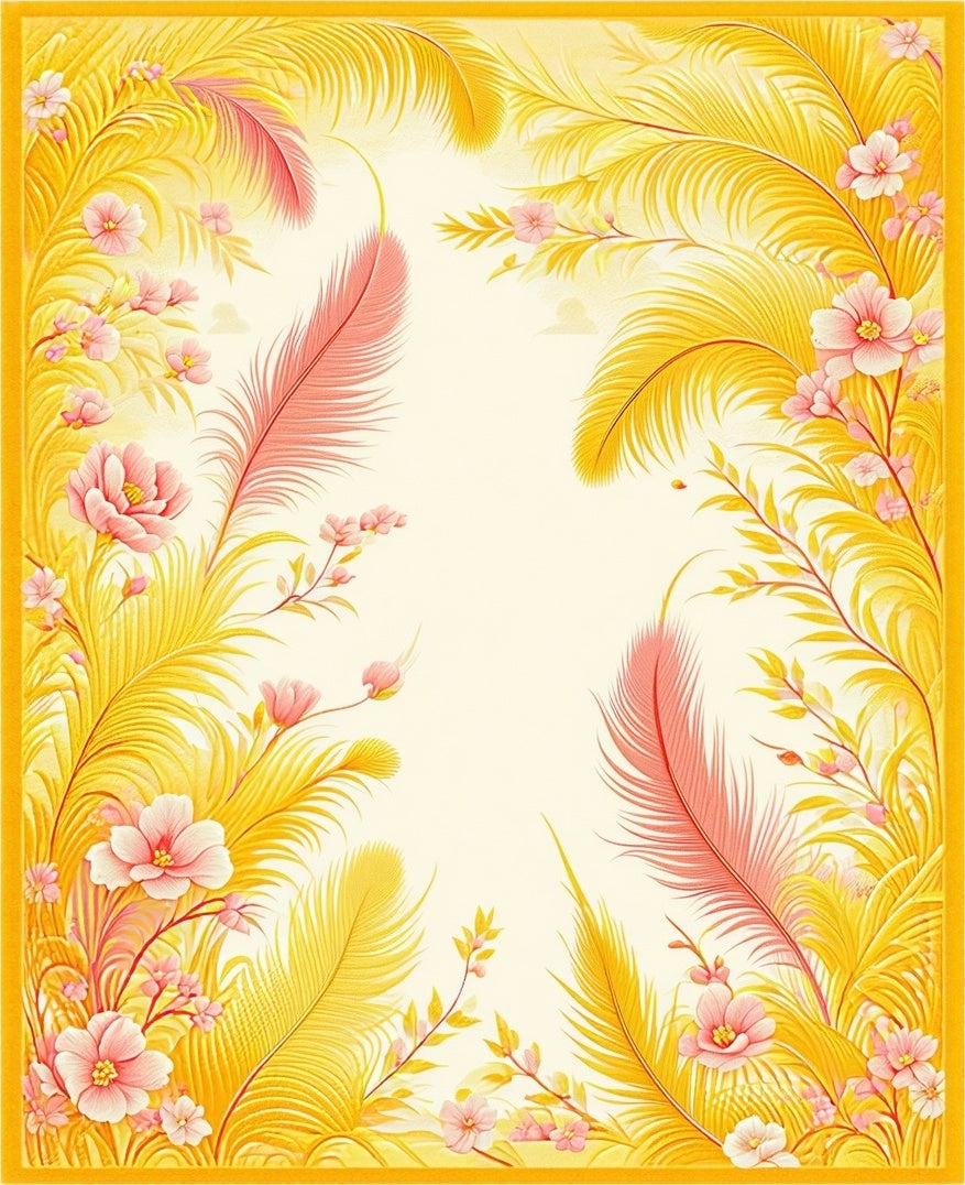 Golden Feather and Floral Design Rug