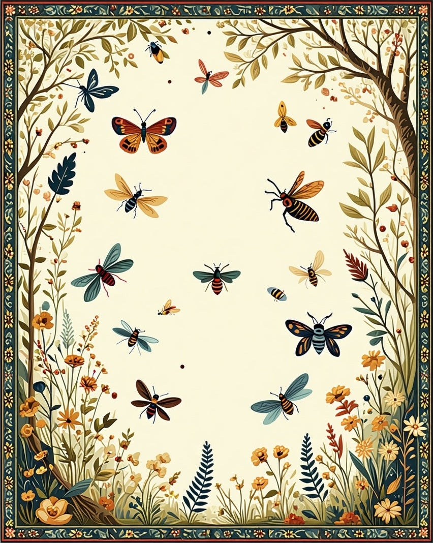 Whimsical Insects Floral Border Design Rug
