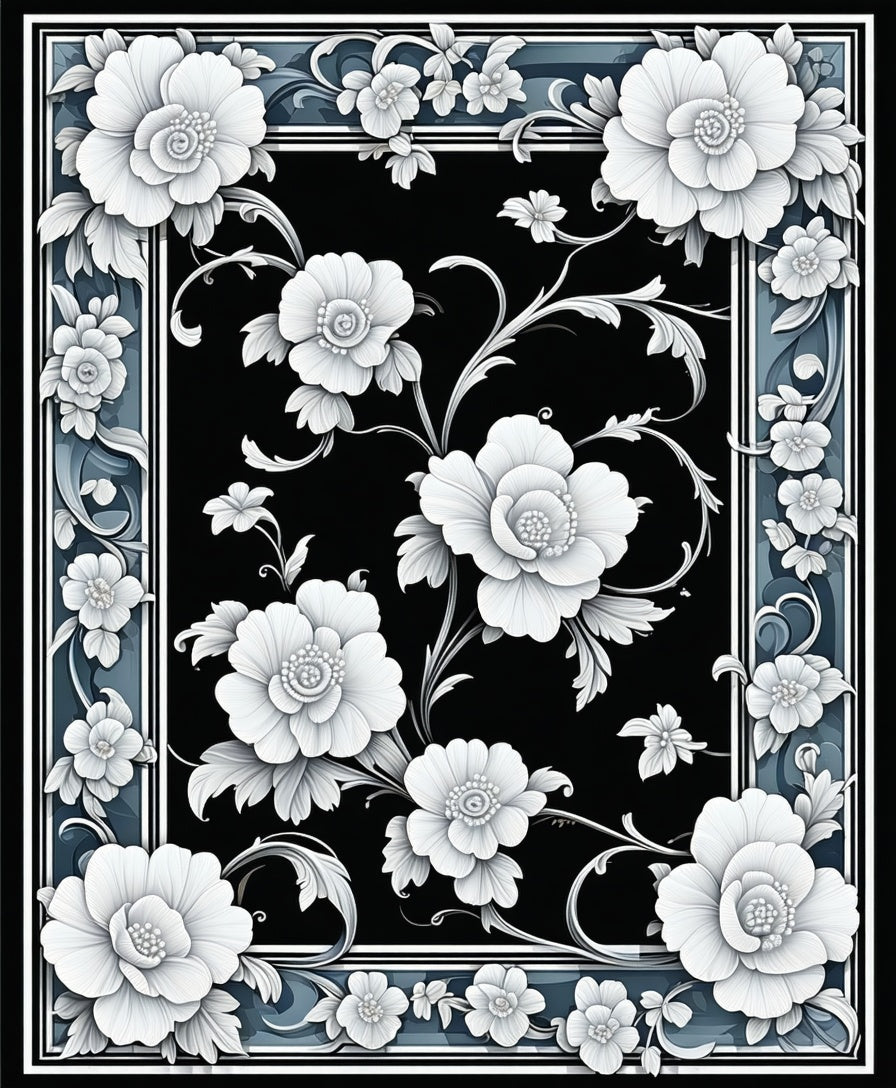 Ornate Floral Black Blue Border Rug