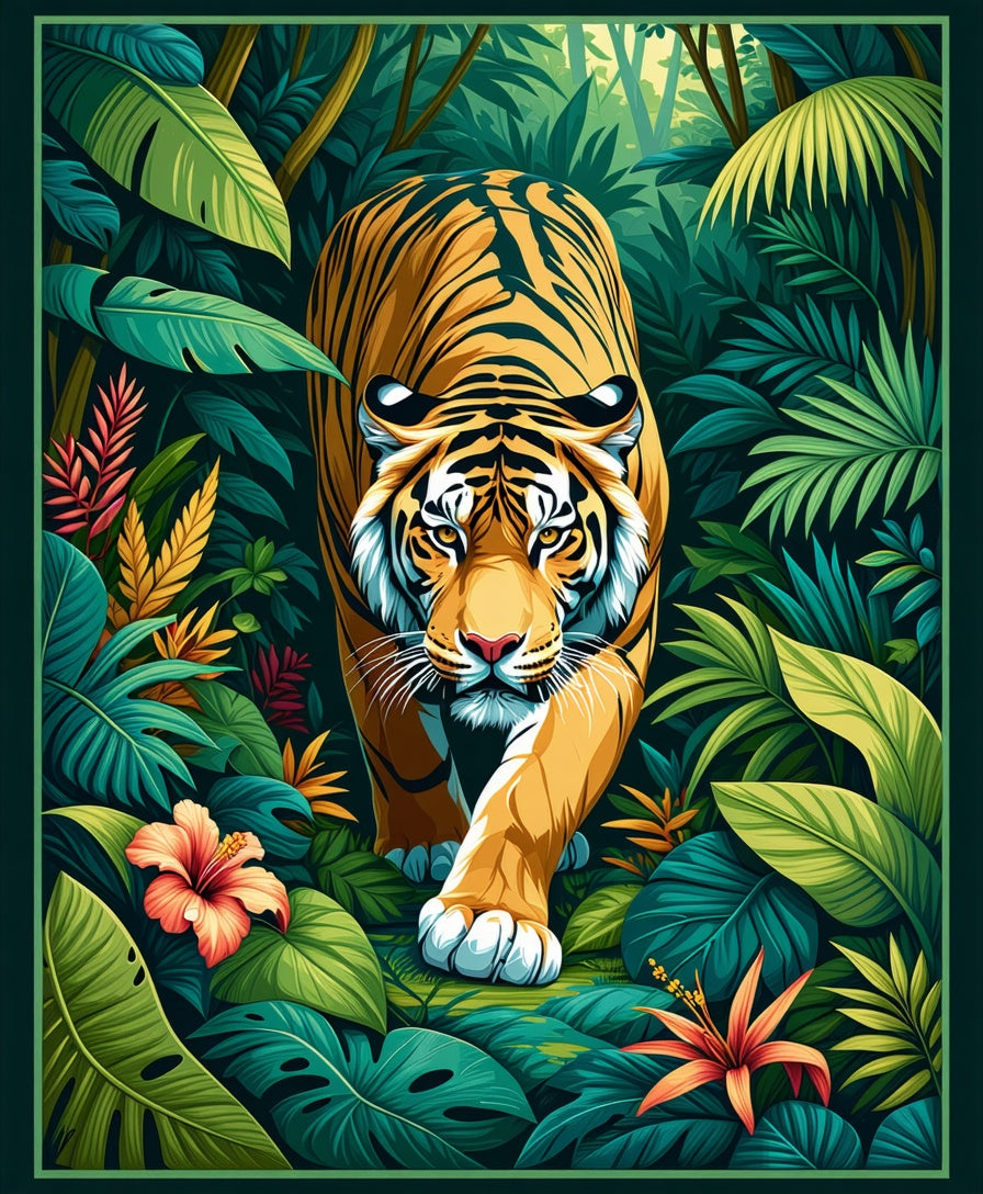 Vibrant Jungle Tiger Tropical Leaves Rug