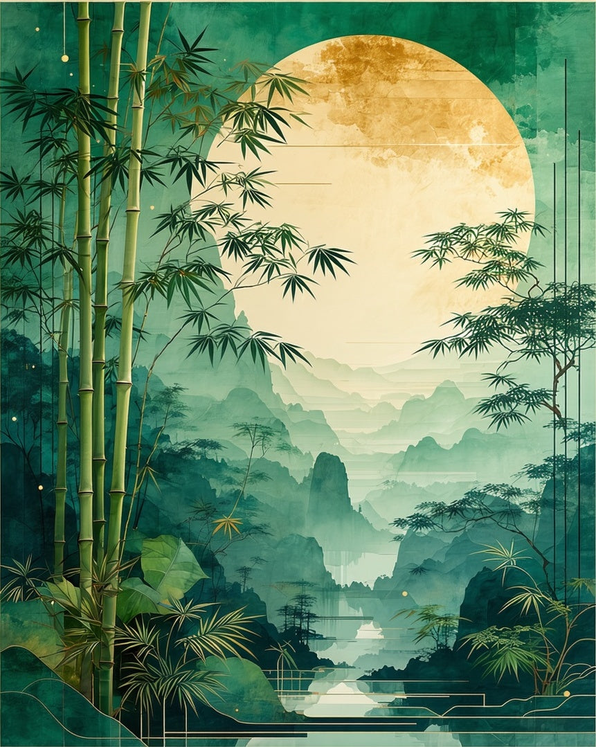 Misty Bamboo Forest Golden Sun Rug