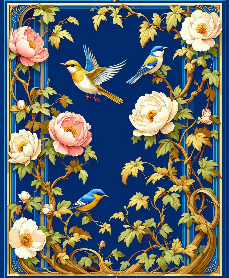 Floral Birds on Blue Background Rug