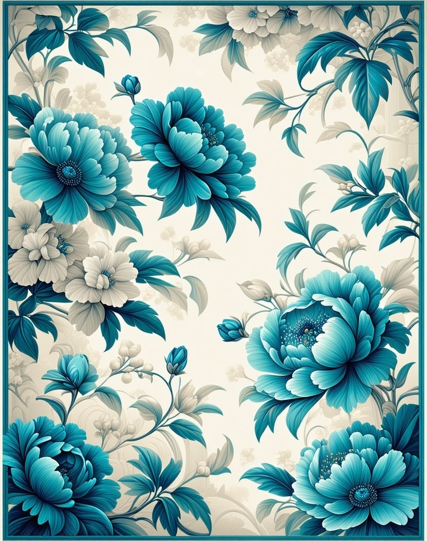 Turquoise Floral Branch Pattern Rug