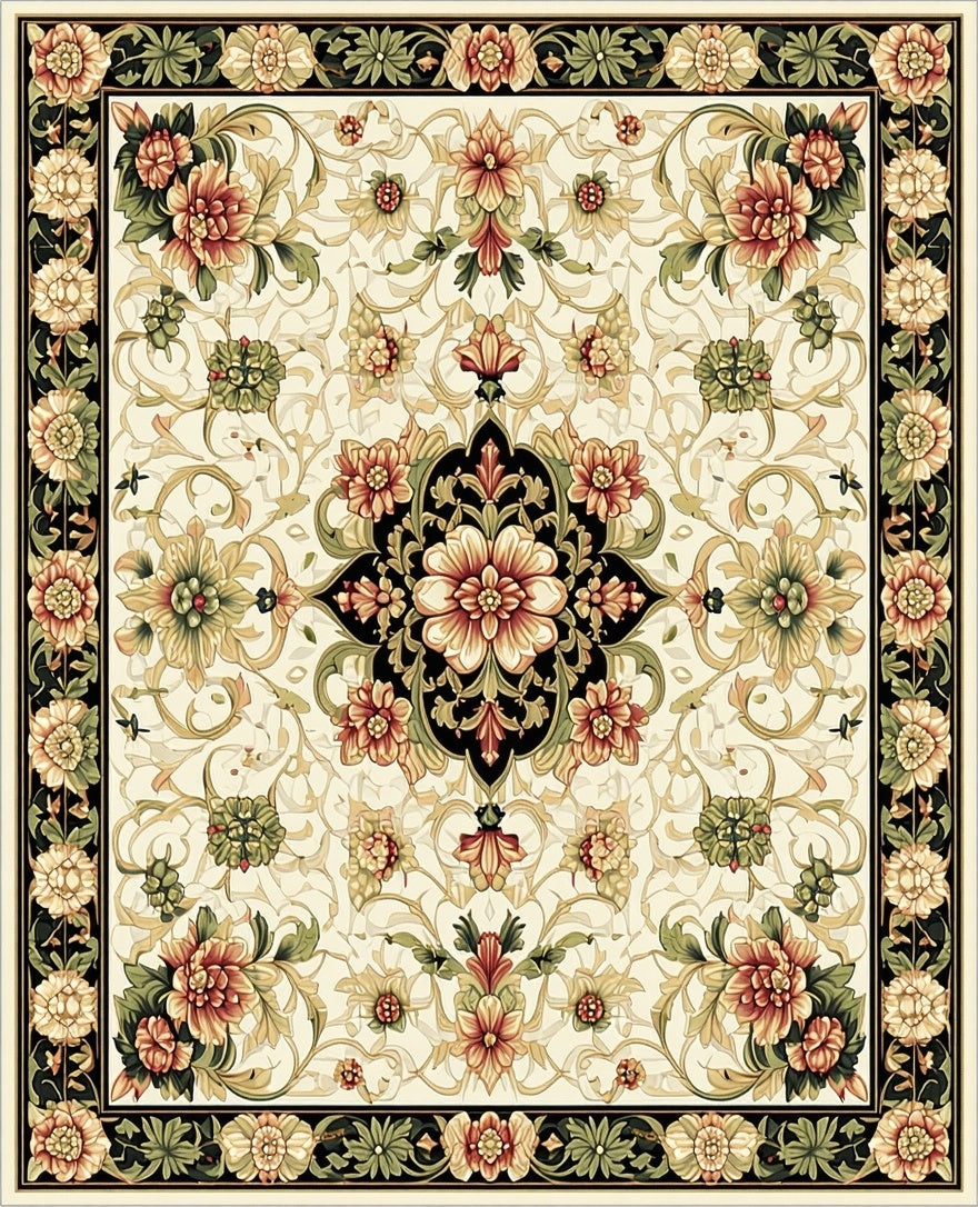 Cream Floral Medallion Patterned Rug