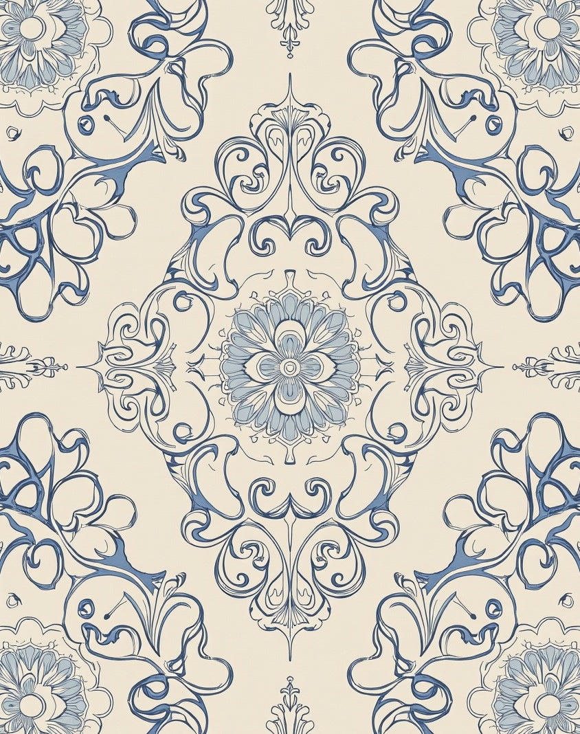 Blue Floral Damask Inspired Design Rug