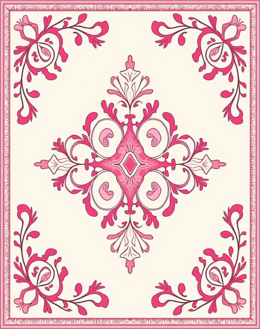 Pink Floral Scrollwork Medallion Pattern Rug