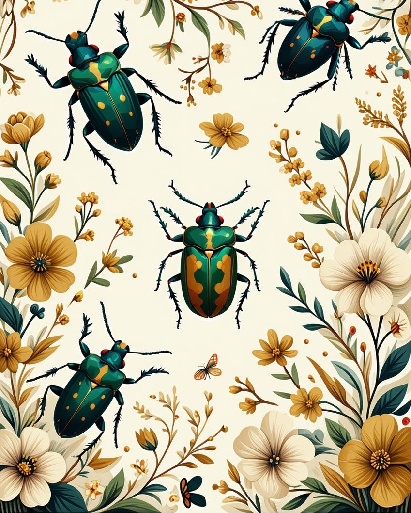Whimsical Beetle Floral Pattern Design Rug