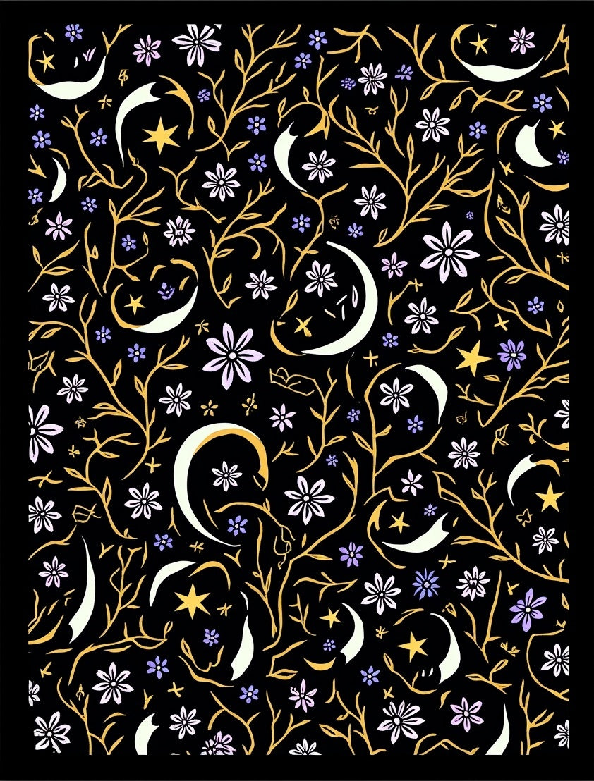 Whimsical Moon Stars Floral Print Rug