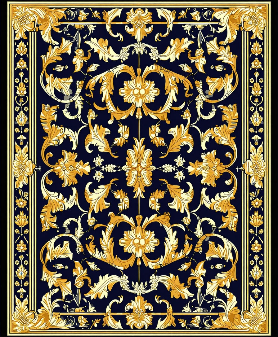 Ornate Gold Leaf Floral Design Rug