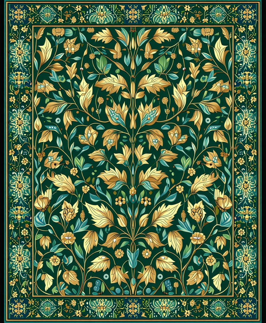 Emerald Green Floral Art Nouveau Rug