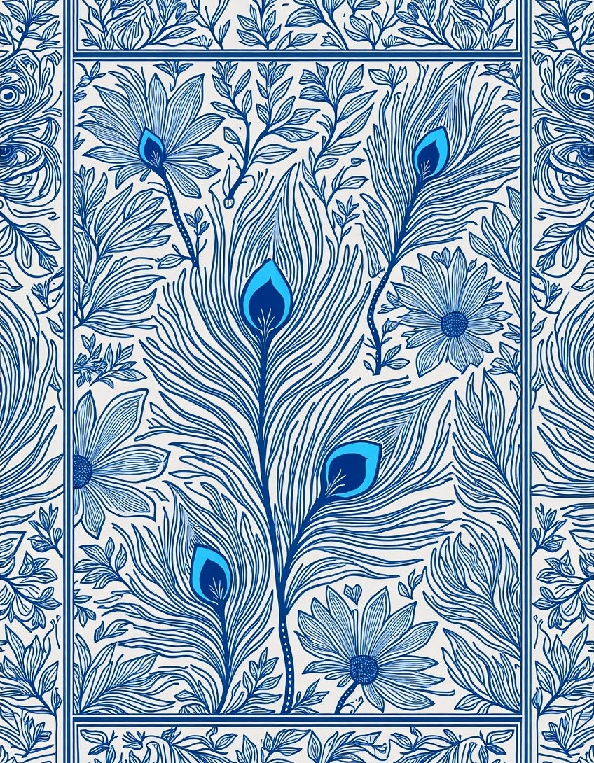 Blue Peacock Feather Floral Pattern Rug