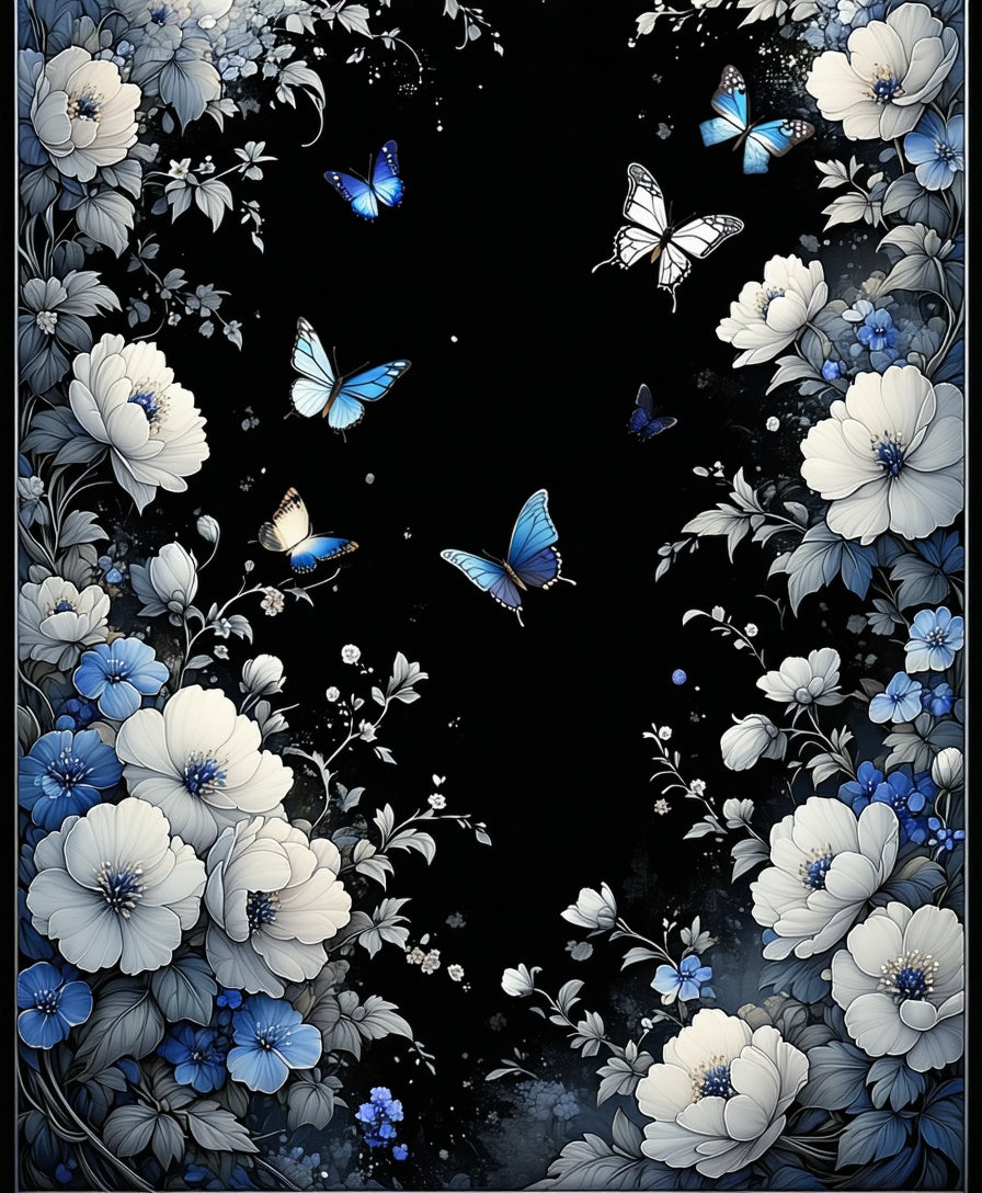 Charming Blue White Floral Butterfly Pattern Rug