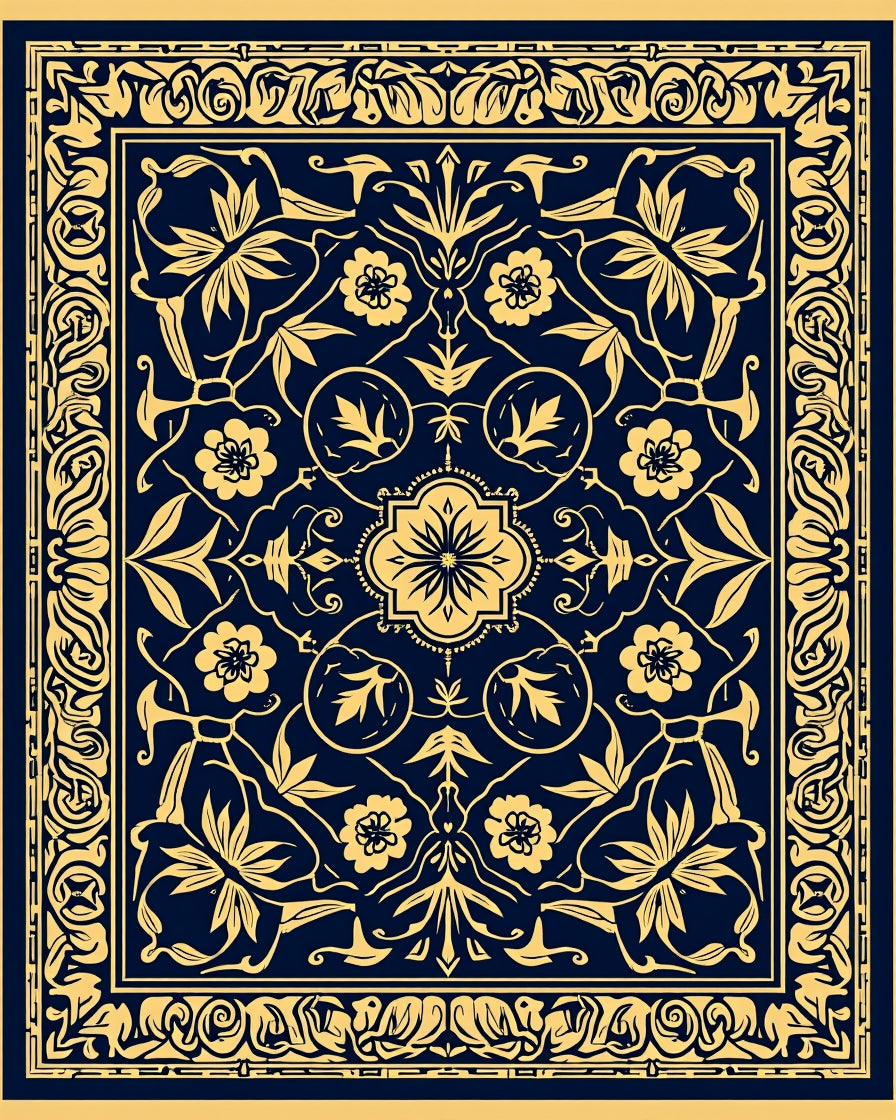 Elegant Floral Patterned Indigo Rug