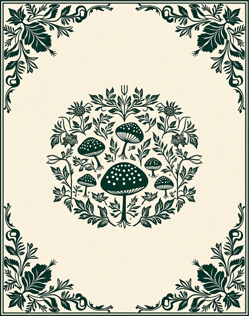 Dark Green Mushroom Floral Mandala Pattern Rug