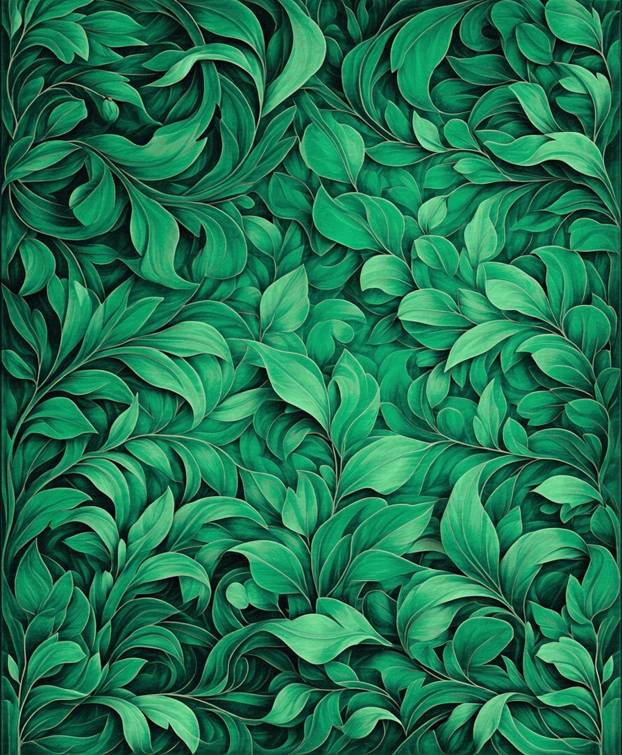 Lush Green Leaf Scroll Pattern Rug