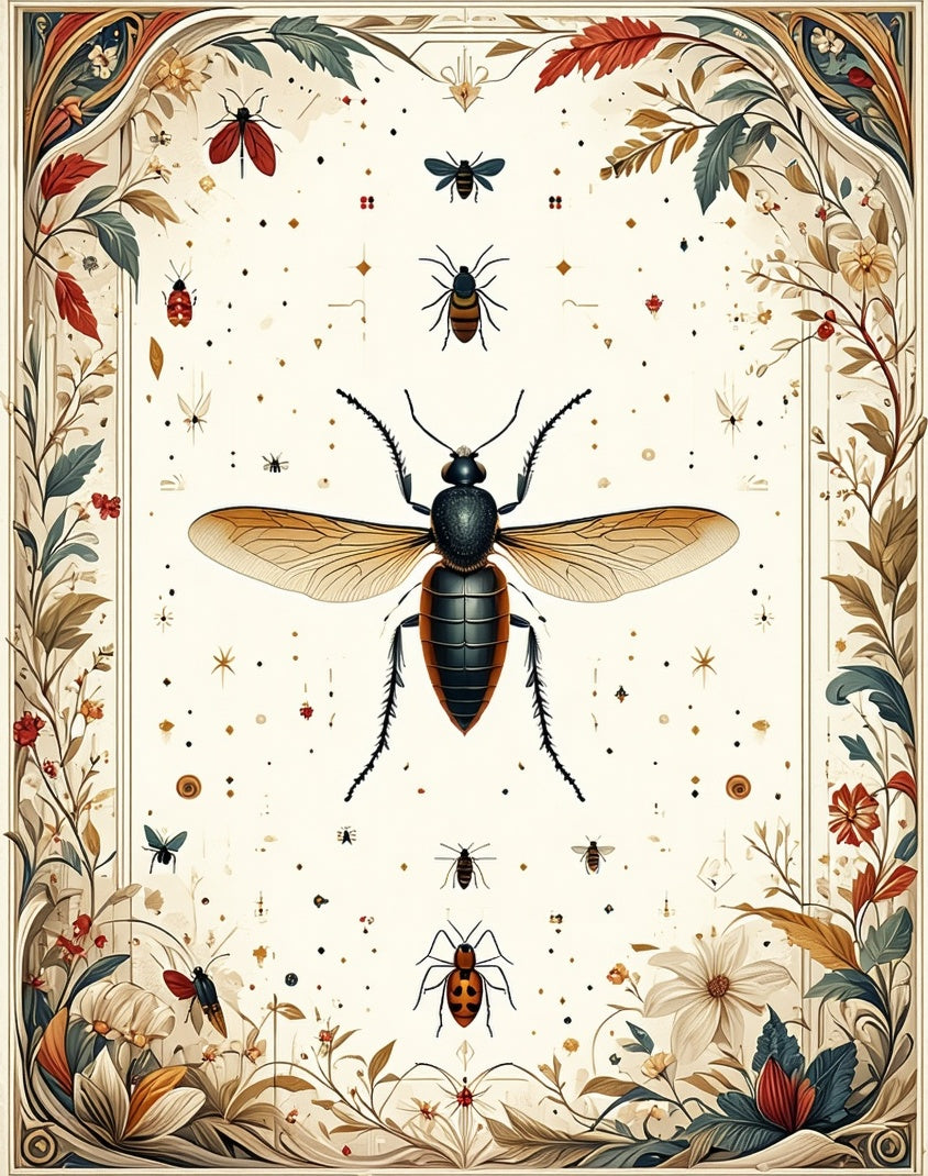 Vintage Insect Floral Natural Garden Art Rug