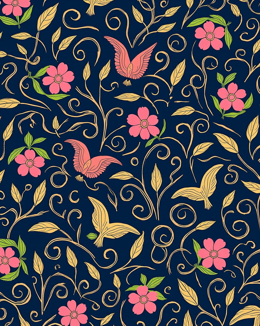 Floral Bird Scrolling Vines Pattern Rug