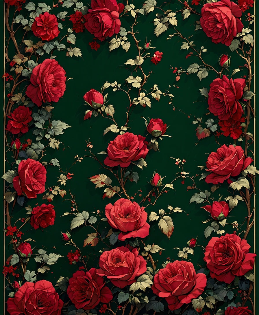 Crimson Rose Vine Floral Pattern Rug